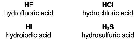 Four examples of the name and formula for binary acids.