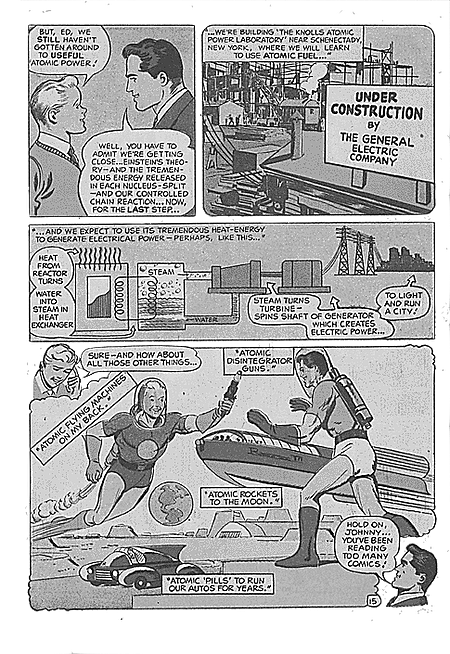 Cartoon from the Adventures of the Atom series showing the promise of nuclear fission for electricity generation.