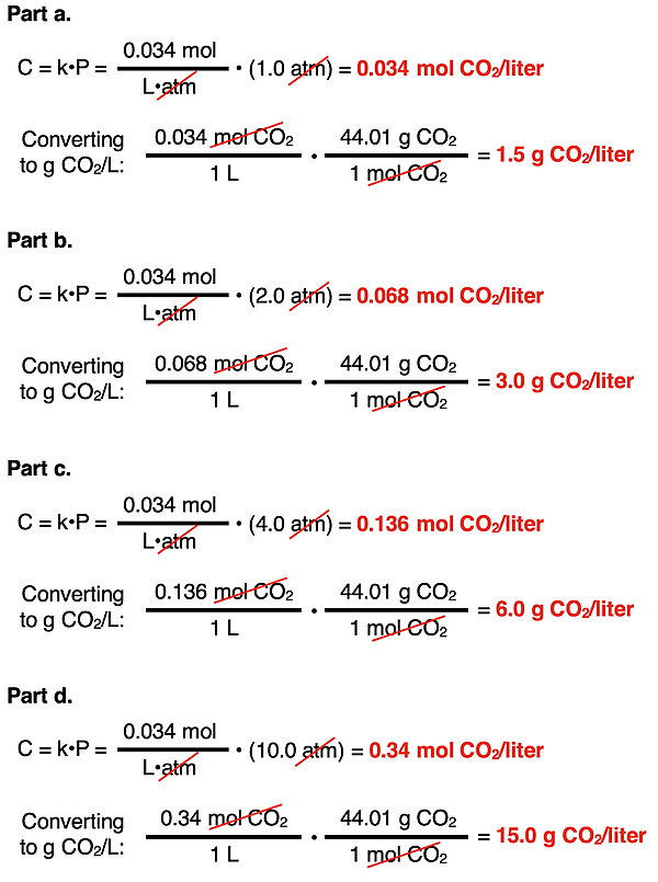 Four different calculations showing the use of Henery's Law to determine the amount of CO2 gas dissolving in water at four different pressures.