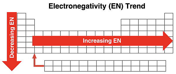 A periodic table with two arrows to show the across a period trend and the down a column trend in electronegativity.