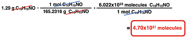 Example problem converting grams to molecules with two conversion factors.