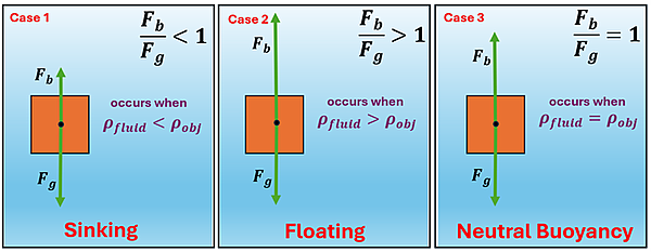 Three cases are shown of an object in a fluid. In each case, it shows the object with the Force arrows of F sub b pointing up, and F sub g pointing down. It also compares what the F sub b over F sub g's value compared to 1, and compares the density of the fluid to the density of the object. For Case 1 (Sinking), the force of gravity is greater than the Buoyant force, so F sub b over F sub g is less than 1, and the density of the fluid is less than the density of the object. For Case 2 (Floating), the buoyant force is greater, so F sub b over F sub g is greater than 1 and the density of the fluid is greater than the density of the object. In case 3 (Neutral Buoyancy), both F sub b and F sub g forces are identical, which means the F sub b over F sub g equals 1 and the density of the fluid equals the density of the object.