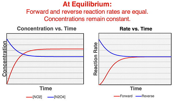 Concentration vs. Time and Rate vs. Time graphs for the 2 NO2   N2O4 reversible system.
