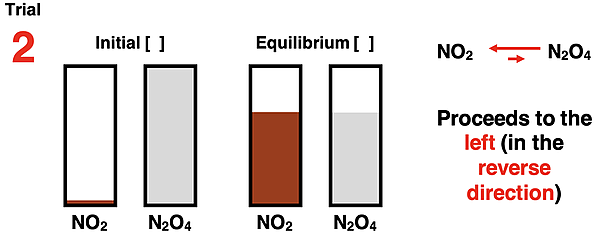 Bar charts showing initial reactant and product concentrations and equilibrium reactant and product concentrations for the 2 NO2  N2O4 system.