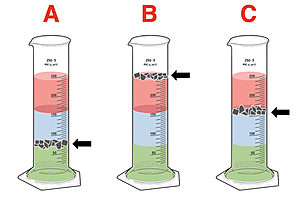 Three density columns, each with a different solid settling at a different interface. Must compare the densities of the three solids.