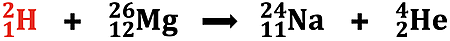 A completed nuclear equation for a bombardment reaction; part of a problem in which a student must identify the missing product nucleus.