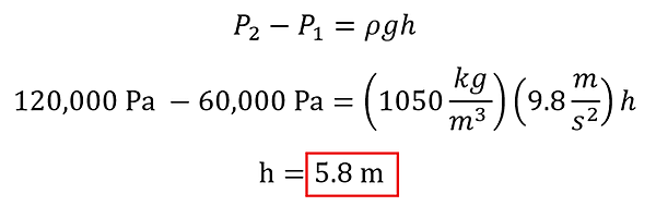 We start with P2 - P1 = rho g h.  P2 we want to be double P1, and P1 is 60,000 Pascal, so 120,000 - 60,000 = 1050 (density of water) times 9.8 (g) times h.  Solve for h and get 5.8 meters.