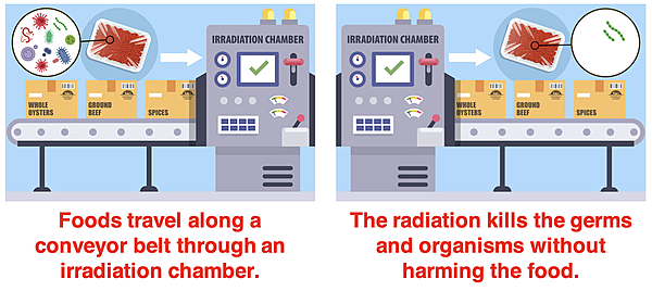 Two diagrams depicting how food irradiation works.