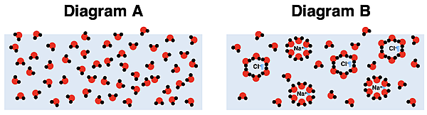 Particle diagrams for a pure H2O and a dilute solution of an NaCl with ions being solvated.