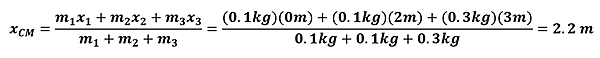 The equation to solve the problem.  On the top you have .1 kg times 0 meters plus 0.1 kg times 2 meters (the bar) + 0.3 kg times 3 meters to get a total of 1.1, and on the bottom you have 0.1 + 0.1 + 0.3 kg or 0.5.  1.1 over 0.5 is 2.2 meters.
