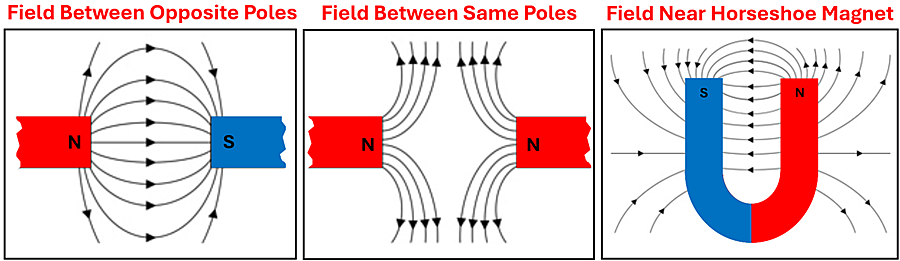 Three diagrams of magnets and magnetic lines.  First showing the North end of a magnet facing the south end of another magnet with magnetic lines going from the north to the south.  The second showing the north end of a magnet facing the north end of another magnet with the magnetic fields arcing away from each other.  The third shows a Horseshoe magnet with magnetic lines going from the North to the south in various paths (circular and straight)