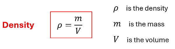 Density equation.  rho (density) = m (mass) over V (volume).  Sometimes D is used to represent density.