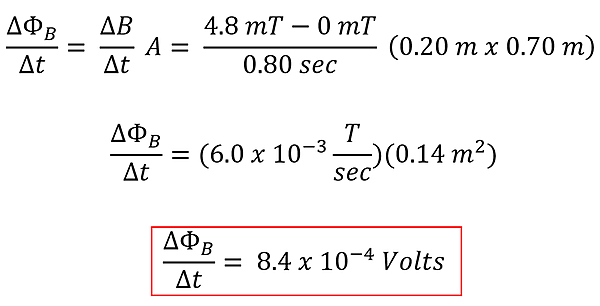 The equation to find the volt change.  Since it goes from 0 to 4.8 millitesla over 0.8 seconds, the rate of change is 6 millitesla per second, multiplied the area of 0.2 meters times 0.7, we get 8.4 times 10 to the -4 power webers per second - Or volts.