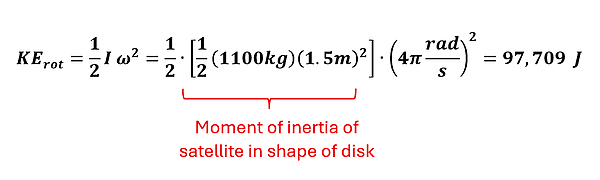 The equation to the rotational kinetic energy of our satellite.  KE sub rot = 1/2 I times omega squared.  I (moment of inertia) is a disk so 1/2 M R squared, and our angular velocity is 4 pi radians per second, so the energy is 1/2 times 1/2 times 1100 kg times 1.5m squared times 4 pi rads per second squared = 97,709 Joules.