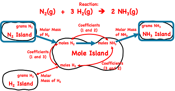 Demonstration of how to use the mole island graphic organizer to plot a conversion pathway between grams of a reactant and grams of a product; shows the conversion information used in each conversion step; specific to ammonia synthesis reaction.