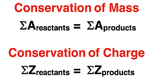 Two formulae demonstrating the conservation of mass (mass # balance) and the conservation of charge (atomic # balance) for a nuclear equation.