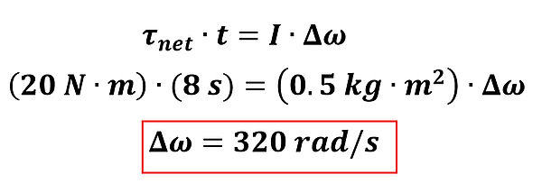 We start with the angular impulse equation Tau sub net times t = I times delta Omega.  We put in our values to get 20 Newton meters times 8 seconds = 0.5 kg meters squared times delta omega, and solve for angular velocity to get 320 rads per second.