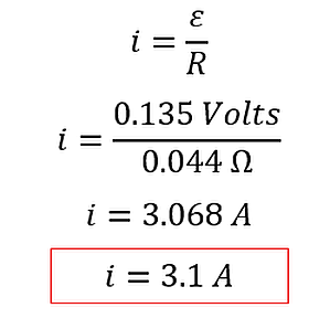 Given 0.14 volts before (rounded), divided by 0.044 ohms gives 3.2 amps.  If you used the actual volts of 0.135 then the answer would be 3.07 amps