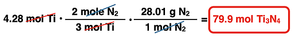 Shows the conversion factor solution - arrangement of factors with numbers, units, unit cancellation, and answer - for converting from moles of a reactant and mass of a second reactant, specific to Ti3N4 synthesis reaction.