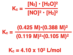 Equation, substitutions of equilibrium concentrations, and solving for the equilibrium constant value.