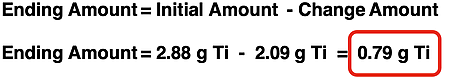 Example of using the formula for calculating excess reactant amount as the given amount minus the reacting amount; the third part of a 3-part excess reactant problem.