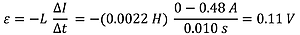 The equation to find the induced emf.  the Inductor is 2.2 milli henries (or 0.0022 henry) times 0.48 amps (change in amperage) over 0.01 seconds equals 0.11 volts.