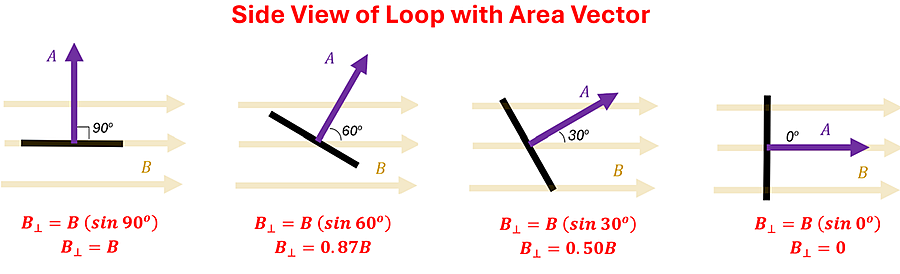 4 images showing the Magnetic field strengths as the plane rotates about the axis.  At 90 degrees (perfectly perpendicular to the magnetic field), the B perpendicular value is B times Sin 90 which is B.  As the plane rotates, the sine value changes, decreasing the B value (0.87 B at 60 degrees, 0.5 B at 30 degrees, and 0 B at 0 degrees)