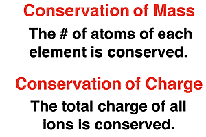A statement of the conservation of mass and the conservation of charge as it applies to a chemical equation.