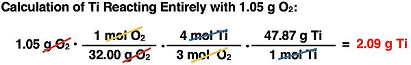 Shows the conversion factor solution - arrangement of factors with numbers, units, unit cancellation, and answer - for converting from grams of a reactant to grams of a second reactant, specific to Ti2O3 synthesis reaction. The second part of a 3-part excess reactant problem.