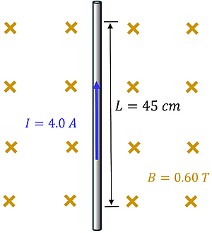 a picture showing a current carrying wire going bottom to top with 4 amps of current going to upwards and 45 cm of length with a magnetic field of 0.60 tesla.