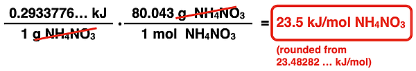 Factor label solution for converting from kJ/gram to kJ/mole; conversion factor, unit cancellation, and final answer are shown.