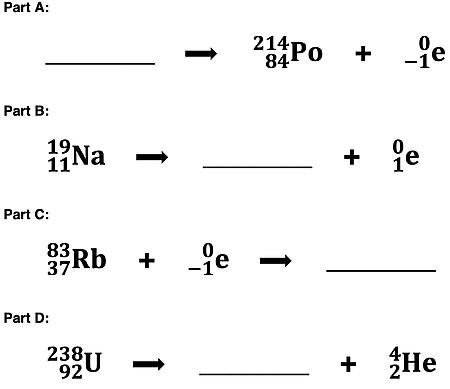 Four incomplete nuclear equations, intended for practice; solutions shown elsewhere on the page.