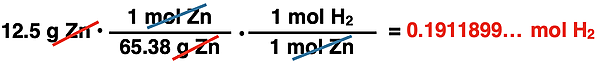 Shows the conversion factor solution - arrangement of factors with numbers, units, unit cancellation, and answer - for converting from grams of a solid reactant (Zn) to moles of a gaseous product (H2).