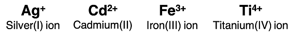 Four examples of the names of transition metal ions with roman numerals.