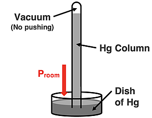 Diagram of mercury barometer; labels applied to Hg dish, Hg column, vacuum, and Pressure.