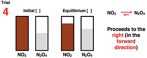 Bar charts showing initial reactant and product concentrations and equilibrium reactant and product concentrations for the 2 NO2  N2O4 system.