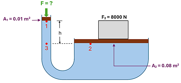A U shaped tube is shown, with the left side being 0.1 meters squared in area, and the right side being 0.08 meters squared in area.  The right side has a 8000 newton weight on it.  On the left, a green F (force) arrow is shown with an unknown value.  The point where the force is being applied on the left (labeled 1) is elevated from the height of the right side (labeled 2) by h height.  A point on the left labeled 3 is shown at the same height as point 2.