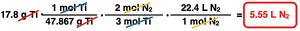 Shows the conversion factor solution - arrangement of factors with numbers, units, unit cancellation, and answer - for converting from grams of a reactant to liters of a second gaseous reactant, specific to Ti3N4 synthesis reaction.