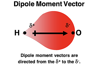 Electron distribution, partial charges, and dipole moment vector for the H-O bond.