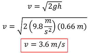 We take the efflux equation v = square root of 2 g h, plug in 9.8 for g and 0.66 meters for h and solve.  v = 3.6 meters per second.