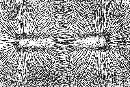 An iron-filing diagram showing a bar magnet and the iron filings aligning with the magnet fields of the magnet.