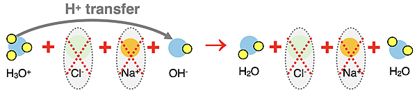 Particle diagrams showing reactants, products, and proton transfer in the neutralization reaction of HCl with NaOH; spectator ions (Cl-) are crossed out.