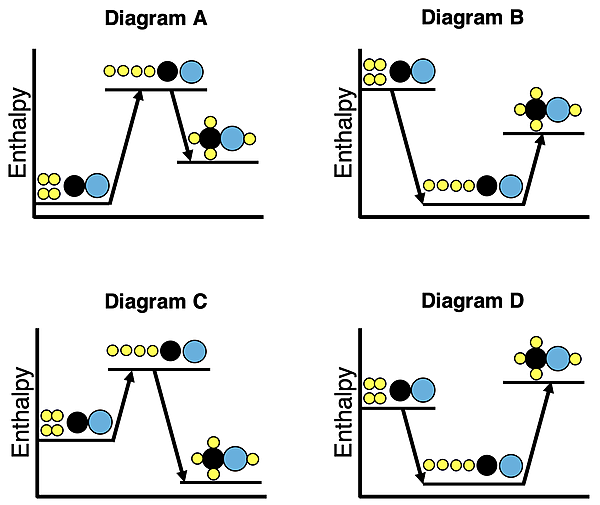 Four different enthalpy level diagrams for a reaction; accompanies a question.