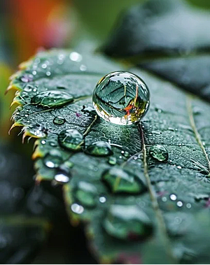 Photo of leaf showing water beading at some locations and forming a full spherical drop at other locations.