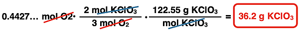 Shows the conversion factor solution - arrangement of factors with numbers, units, unit cancellation, and answer - for converting from grams of a solid reactant (KClO3) to moles of a gaseous reactant (O2), specific to KClO3 decomposition reaction.