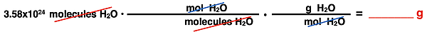 Example problem converting molecules to grams with two conversion factors (units, no numbers).