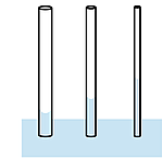 Three diagrams depicting the effect of the diameter of a capillary upon the height to which a liquid rises within the capillary.