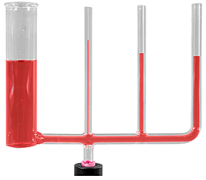 Lab apparatus depicting the four connected capillaries of varying diameter and liquids rising to different heights in each capillary.