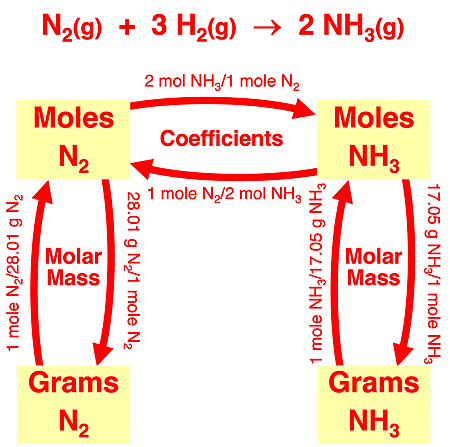 Flow diagram illustrating conversion factors linking grams of a reactant to grams of a product in stoichiometry; specific to ammonia synthesis reaction.