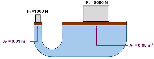 A U shaped tube filled with fluid, which the left side has an Area of 0.01 square meters, has a 1000 N weight pushing down on it.  The right side of the tube is 8 times greater in surface area (0.08 meters squared) and is able to push up a 8000 Newton weight that is on the right.  The pressure is the same.